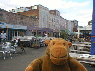 Mr Monkey looking atht e shops on Gabriels Wharf