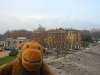 Mr Monkey looking at Apsley House from the top of the Wellington Arch