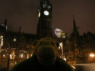 Mr Monkey looking across Albert Square towards the Town Hall
