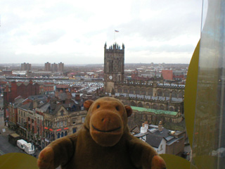 Mr Monkey looking at Manchester Cathedral