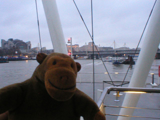 Mr Monkey watching the boat leave the Millennium Pier