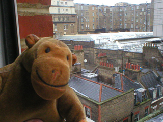 Mr Monkey looking out of his window towards the roof of Charing Cross station