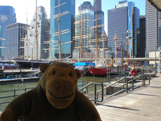 Mr Monkey looking back at the Seaport Museum ships