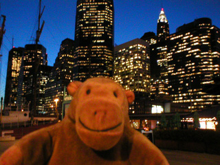 Mr Monkey looking at Manhattan office blocks at dusk