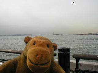 Mr Monkey looking at Liberty Island from the Battery Park quay