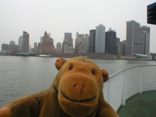 Mr Monkey approaching Battery Park ferry terminal