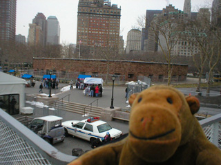 Mr Monkey looking at Castle Clinton from the ferry