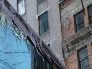 Ice hanging from a building near Mr Monkey's hotel