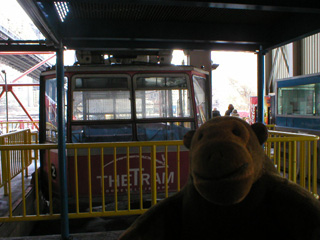 Mr Monkey walking towards the empty tram car