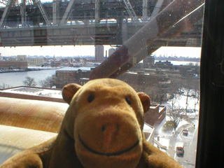 Mr Monkey looking under the bridge to the south end of Roosevelt Island
