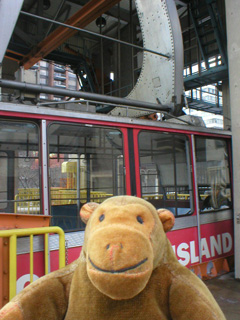 Mr Monkey in front of a tram car