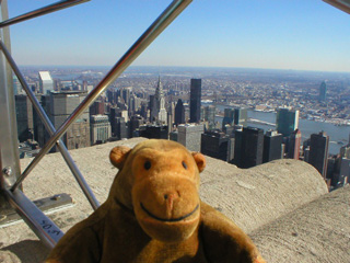 Mr Monkey looking towards the Chrysler Building and Roosevelt Island