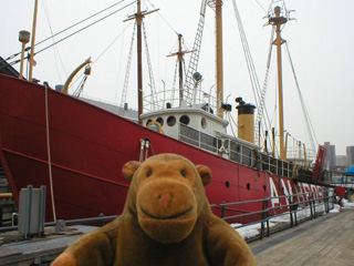 Mr Monkey in front of the Ambrose lightship