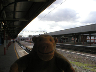Mr Monkey on the platform at Stockport station