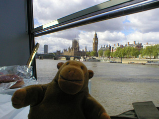 Mr Monkey looking at Westminster from the Millenium Pier
