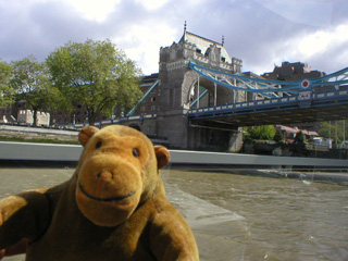 Mr Monkey approaching Tower Bridge by boat