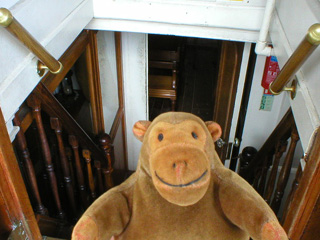 Mr Monkey looking down some steps into the officers quarters