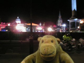 Mr Monkey looking at Trafalgar Square in the dark