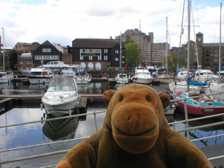 Mr Monkey looking across St Katherine's Dock