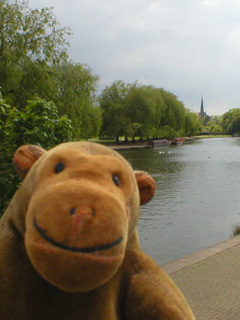 Mr Monkey looking at the distant spire of Trinity Church