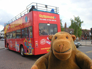 Mr Monkey watching an open top tour bus