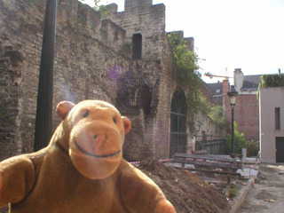 Mr Monkey in front of a 13th century wall tower