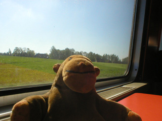 Mr Monkey in the train going through the countryside