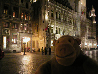 Mr Monkey looking at the Hotel de Ville at night