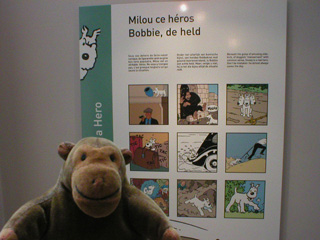 Mr Monkey in front of a display about Snowy the dog