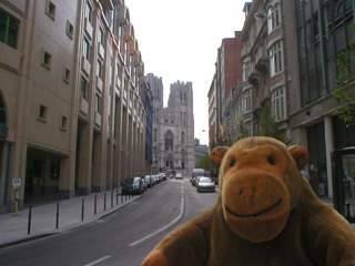 Mr Monkey looking up a sloping street at the cathedral