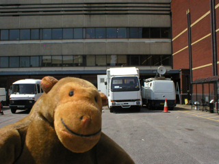 Mr Monkey looking at a row of outside broadcast trucks