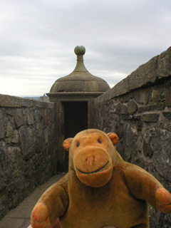 Mr Monkey outside a stone sentry box