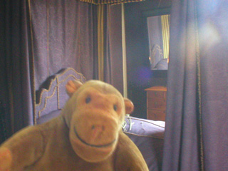 Mr Monkey in front of a four poster bed