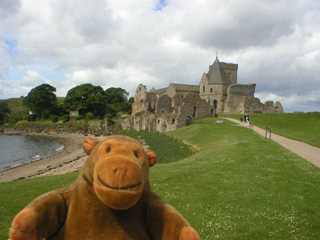 Mr Monkey walking towards the ruins of Inchcolm Abbey