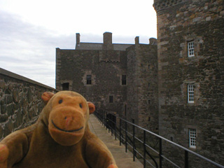Mr Monkey on the east curtain wall, looking back at the South and Central Towers