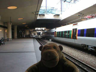 Mr Monkey looking at a Danish train