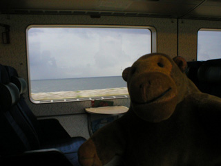 Mr Monkey looking across the train to the sea