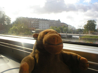 Mr Monkey on the train leaving Malmo