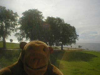 Mr Monkey sighting the sea from the train, just outside Ystad