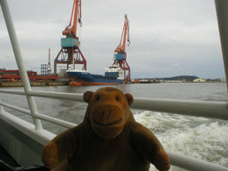 Mr Monkey looking at a pair of giant cranes