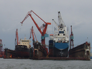 Ships being repaired in floating docks