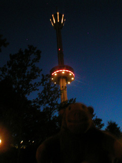Mr Monkey looking up at the Liseberg Tower