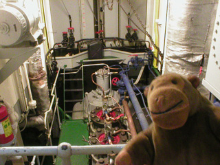 Mr Monkey inspecting the engine room of the Fryken