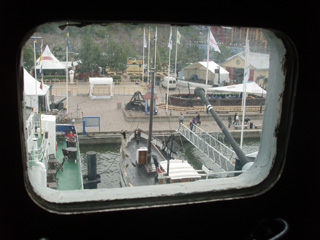 The quayside and the Gunhild seen from the bridge of the Småland