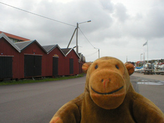 Mr Monkey with a row of small huts