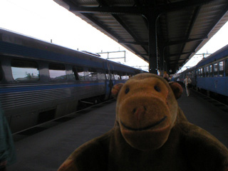 Mr Monkey beside his train to Stockholm