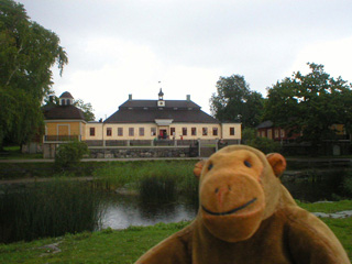 Mr Monkey looking across a lake at Skogaholm manor