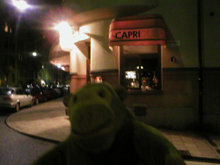 Mr Monkey outside the Capridue restaurant