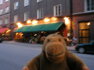 Mr Monkey outside a Scottish pub in Stockholm