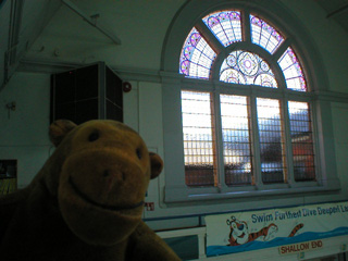 Mr Monkey looking at the stained glass in the baths
